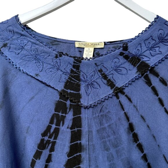 Studio West Boho Poncho Plus Size 2X Blue Tie Dye Fringe Cape Top - Picture 4 of 8